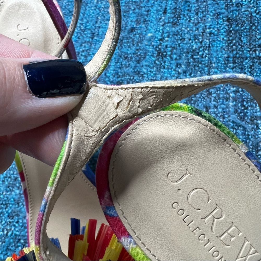 J.Crew Collection Raffia Bow Strappy Coloful Heels Made in Italy Women's 6.5 Pom - Picture 10 of 11